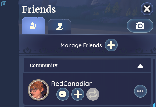 Friends Menu with the Community List open.