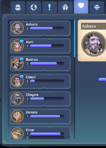 Een screenshot met het relatietabblad in het spel en portretten van dorpelingen, sommige met en zonder een kleine blauwe chatballon naast hun portret.
