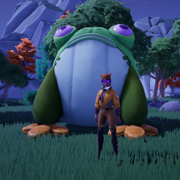 巨无霸大眼蛙玩偶和玩家。巨无霸大眼蛙玩偶不祥地耸立在玩家面前。