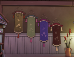 In-game screenshot of the Homestead Banner in Default, Calathea, Berry, and Classic.