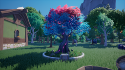 Image of the Temple of the Roots Tree on a housing plot with other decorations for scale.