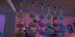 Grouping of Tiered Fruit Basket in a variety of colors, as seen in-game.