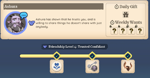 La page d'Ashura dans l'onglet Relations. Cela montre qu'Ashura n'a pas été contactée au cours de cette journée palienne, qu'aucun cadeau n'a été offert et que la quête de l'amitié du niveau 4 a été accomplie.