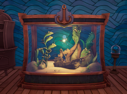 In-game screenshot of the aquarium. It is not interactable, but lit up and features moving fish.