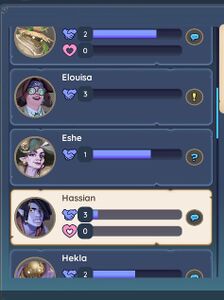A screenshot of the relationship tab in-game, showing that Eshe has an active task for a main Quest, Elouisa a finished side quest and Einar, Hassian and Hekla haven't been talked to yet. In addition, you can see unfilled romance bars below the partially filled friendship bars for Einar and Hassian.