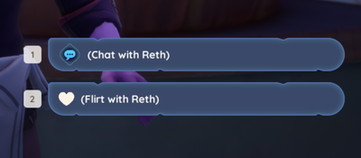 Deux bulles contenant des options de dialogue : "Chat avec Reth" et, en dessous, "Flirt avec Reth".