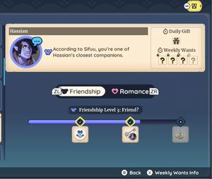 Hassian's friendship bar in the Relationships tab as seen on Switch. Note that only one of the bars is visible so far, and you can switch to the romance bar.