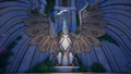 A mossy white and gold phoenix statue, wings spread wide enough to fill the frame.