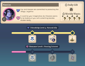 La page de Hassian dans l'onglet Relations. La barre de romance indique que le joueur n'a pas encore atteint le niveau 2 avec le villageois.