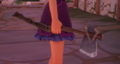 A close up picture of a character from the side at waist level. They have a warm light skin tone and a dark pink skirt with purple ruffles. The character is gripping a Makeshift axe that is held together with rope.
