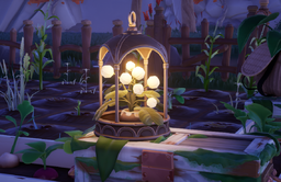 Maji Market Bloom Lantern as seen in-game with other items at night.