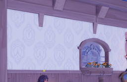 Bahari Estate Wallpaper on the outside of a house in game.